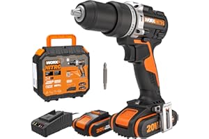 WORX Taladro Percutor a batería 20V Máx | WX352 | Motor sin escobillas | Power Share | 2 baterías de 2Ah | Cargador y maletín | Portabrocas metálico, carcasa de engranajes metálica |