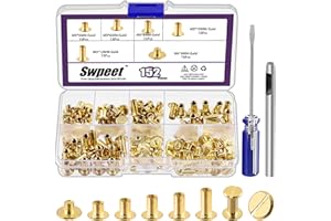 Swpeet 152 pièces m5x5mm, 6mm, 8mm, 10mm, 12mm or vis rivets en cuir avec perforateur et tournevis rond tête plate goujons à double tête pour bricolage cuir artisanat et reliure