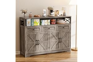 BonVache Sideboard, Küchenschrank mit Schubladen, Aufbewahrungsschrank, Anrichte mit Offenem Regal, Kaffeebar Schrank für Küche, Esszimmer, Wohnzimmer, 130 x 35 x 95cm, Grau in Holzoptik