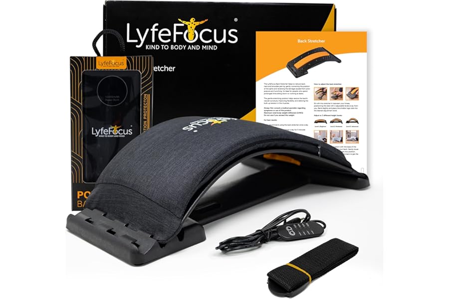 LyfeFocus Back Stretcher With Heated Memory Foam Cover For Back Pain & Muscle Tension - Comfortable Adjustable Spine Stretcher Posture Corrector - Lumbar Support with Chair Strap (Black, Power Bank)