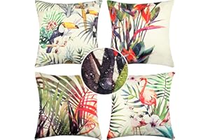 HANRUNSI Fundas de Cojín Exteriores Impermeable para Sofá 50 x 50 cm Pájaro Selva Planta Flor Jungla Loro Fundas de Almohada Decorativas Cuadradas de Lino para al Aire Libre Hogar Oficina Coche Juego de 4