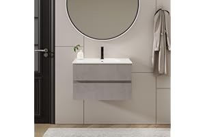 UEV Mobile da Bagno con Due Cassetti, Unità a Parete da 75 cm, con Lavello in Ceramica, Cassetti con Ampio Spazio di Archiviazione, Maniglia Nascosta, 75 x 45 x 46 cm, Grigio