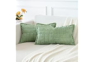 JOTOM Set of 2 Corduroy Soft Striped Cushion Covers with Splicing 30x50 cm Boho Decorative Throw Pillow Covers Lumbar Cushion Case Couch Pillowcases for Sofa Bed Home Decor 12x20 Inch (Sage Green)