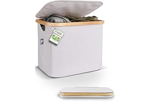 HENNEZ Regalkorb mit Deckel klein ideal als Körbe für IKEA KALLAX Boxen - Stoff Korb grau beige - Kiste mit Deckel Ordnungsboxen faltbar - Aufbewahrungskorb mit Deckel groß - Aufbewahrungskörbe