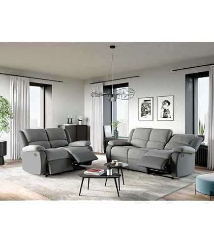 Canapé Relax 3 Places + 2 Places - Simili/microfibre Gris - Inclinaison Manuelle Jusqu'à 170°