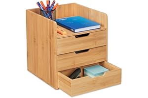 Relaxdays Schreibtisch Organizer, 3 Schubladen, Ablage Büroutensilien, HBT: 33 x 30 x 31 cm, Bambus Schubladenbox, natur