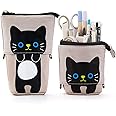 Maomaoyu Cute Cartoon Cat Stand up Pencil, Cat Pencil Case for Girls, Large Lightweight Canvas Holder for Kids Students Adults Girls Boys Presents, Grey