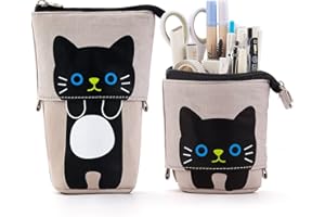 Maomaoyu Chat Trousse Telescopique pour Enseignants et Etudiants, Trousses Devient Pot a Crayon pour Enfant et Fille, Fourniture Scolaire Kawaii （Gris）