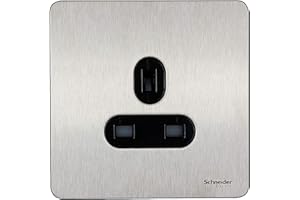 Schneider Electric Ultimate Screwless Flat Plate - Single Unswitched Power Socket, 13A, GU3450BSS, Stainless Steel with Black Insert