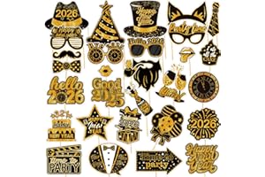 2026 New Year Photo Booth Props, Kaluofan 30PCS Black Glod New Years Eve Decorations 2026, Funny Photo Props Hat Glasses Fireworks Champagne Clock Decorations for New Years Eve Party Supplies