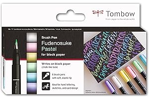 Tombow | Estuche 6 Rotuladores Fudenosuke Hard Colores Pastel | Pincel para Lettering, Caligrafía, Contornos, Dibujo, Ilustraciones, Esbozos | Punta Elastica Dura | Resistente al Agua