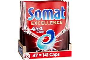 Somat Excellence 4 w 1 Caps (141 Caps), szybko rozpuszczające się tabletki do zmywarki, Somat Caps do doskonałego czyszczenia i połysku nawet w programie Eco i w niskich temperaturach