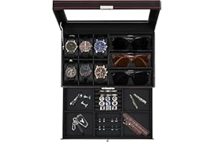 mepure Watch Box, Leather Jewellery Watch Box for Men Women, 6 Slot Watch Case & 3 Slot Sunglasses Organiser, 2 Layers Lockable Watch Holder with Glass Lid for Earrings, Rings, Bracelets (Black)