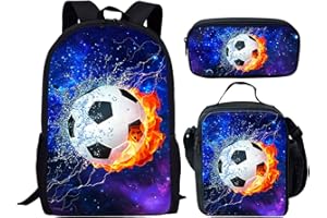 Showudesigns Galaxy Football School Bag Sets for Boys Kids Backpack with Lunch Box Pencil Case for Travel Hiking Camping Soccer Bookbag Starry Space Blue