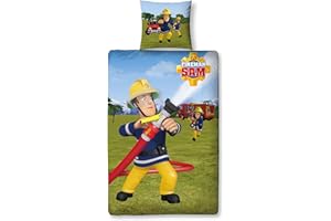 Familando 447026050 - Juego de sábanas de linón de algodón, 135 x 200 cm, incluye funda de 80 x 80 cm, diseño de Sam el Bombero
