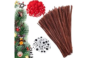 OUQIWEN 400 Pcs Fils chenilles Set,Tiges Chenille Marron,Cure Pipes Cleaner,Pipe Cleaners Crafts Avec Bring Pompons Rouges,Yeux Auto-Adhésifs,Convient à Pour Bricolage de Noël Fait à La Main