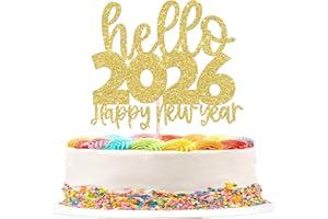 Xsstarmi 1 Pack Hello 2026 Cake Topper Glitter Gold Happy New Year 2026 Cake Pick Decoration for Cheers to 2026 Celebrate Happy New Years Eve Party Cake Decorations Supplies