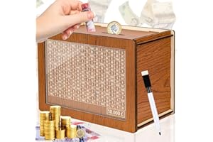 Meetory Money Saving Box, Plus Size 10000 Saving Challenge Box Reusable Kakeibo Money Box with 10k Saving Goal Cash Vault Wooden Savings Box for Adults (10000 Pounds, Brown)
