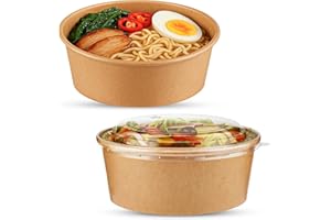 CHEF ROYALE 20x 1000ml Kraft Salad Paper Bowls with Lids -Takeaway Bowls for Hot/Cold Food - Leakproof Soup Containers - Carboard Packaging