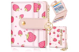 Pegmode Wallet Women Slim Cute Leather Thin Bifold Small Wallet Purse Ladies Teen Girl Female Medium Aesthetic Kawaii Strawberry Tiny Simple Girly Unique Pretty Modern Credit Card Holder Keychain Rfid