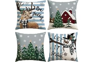 Artscope Poszewka na poduszkę z bałwanem i łosiem, zestaw 4 lnianych poszewek na sofę do domu, salonu, sypialni, Boże Narodzenie, dekoracja domu, 50 x 50 cm (niebieski)