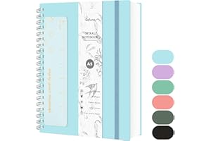 Qefuna Cuaderno de Puntos A5, Bullet Dot Journal,Cuaderno de Espiral de 300 Páginas,Papel Antitinta de 100 g/M²,Tapa Dura de PVC, con Regla,Bolsillos Ampliables,Bandas Elásticas,14,5 x 21 cm-Azul