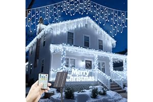 SOLARBABY Guirlande Lumineuse Exterieur Solaire, 14M 400LED Rideau Lumineux Noel Solaire, 19 Modes TéLéCommande IP65 éTanches, Décoration Noël Exterieur pour Jardins, Balcon, Fenêtre, Blanc