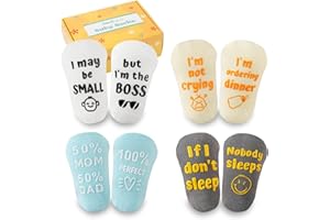 INNObeta Baby Socks Set with Funny Quotes (4 Pairs) Newborn/Girls/Boys/Infant Gifts for Baby Shower, Gender Reveal, Christmas, New Parents – 3-12 Months