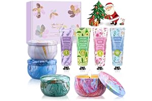 LDUMODUW Prezenty na Boże Narodzenie, Małe prezenty świąteczne dla kobiet i mężczyzn - zestaw świec zapachowych 4 x 90g | Zestaw kremów do rąk 4 x 30g, zestaw prezentowy dla współpracowników, mamy