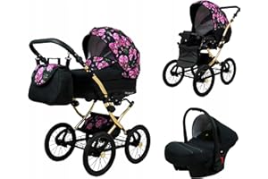 BabyLux® Bambimo Kinderwagen Set 3 in 1 - Margaret Gold - incl. Babywanne, Buggy Sportsitz, Auto-Babyschale - Autositz - Kinderwagenset - Kombikinderwagen mit Wickeltasche, Regenschutz usw.