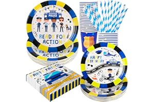 BOIKOKY 120 Pezzi Decorazioni per Feste di Compleanno a Tema Polizia, Articoli per Feste a Tema Polizia, Stoviglie Monouso | Per 24