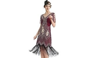 BABEYOND 1920s Flapper Fringed Sequin Dress Roaring 20s Fancy Dress Gatsby Costume Dress V Neck Vintage Beaded Evening Dress