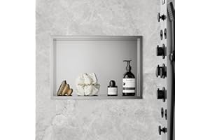 KEOKBON No Tile Shower Niche 48 x 33 x 10 cm, Stainless Steel Single Shelf Shower Organiser, Sealed Waterproof Rust-Resistant Wall Niche Recessed for Bathroom Essentials Shower Storage， Nano Silver