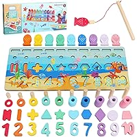 Sitodier Jouet Puzzle Montessori en Bois 5 en 1, Jeu Éducatif Pêche Enfants 3 4 5 6 Ans, Apprendre Les Nombres Les Formes Les