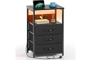 ‎ROLANSTAR Rolanstar Nachttisch mit LED, Nachtschrank mit 3 Schubladen, Beistelltisch mit Ladefunktion, Platzsparend & Einfach Montiert für Schlafzimmer, Geeignet für Wohnzimmer, Schwarz