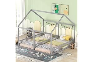 Dolamaní Bodenbett 180x200 cm 2 Kinder mit rausfallschutz, 90x200 cm Einzelbetten 2-in-1, Hausbett Holz Geschwister Bett, Kinderbett Bodentief (Grau)