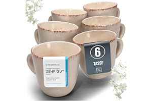 Steingut Kaffeetassen 6 Pers. Rustic Hochwertiges Landhausstil TEST SEHR GUT Tassen Set, Spülmaschinen-, Mikrowellen- und Kratzfest - Stylisches Tee- und Kaffeebecher Set - Pure Living in Beige