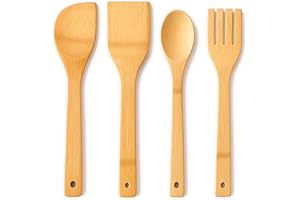 GENÉRICO BERIZZA Set de utensilios de cocina de madera de bambú | Incluye cucharas y espátula resistentes al calor | Utensilios ecológicos y seguros para cocinar | Madera natural, Sin Barniz, Sin pvc