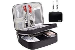 OrgaWise torba na akcesoria, podróżna, na elektronikę, na kable do powerbanku, aparatu, iPada i karty pamięci, szare etui, z 2 zestawami ochrony kabli do transmisji danych, 3-warstwowa, czarna