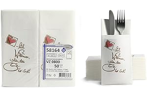 AROBA 50 Airlaid Besteckservietten Stoffähnlich fertig gefaltete Servietten mit Schlitz 40x40 cm 1/8 Falz Bestecktasche Hochwertig Hochzeit Gastronomie Premium QUALITÄT Weiß Muster Herzlich Willkommen