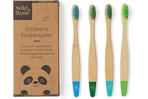 Wild & Stone | Spazzolino da denti in bambù biologico per bambini | Confezione da 4 | Manico biodegradabile al 100% | Senza BPA | Spazzolini da denti ecologici per bambini (Acqua)