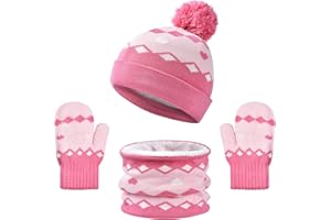 OUTFIT SPRING Bonnet Écharpe Gants Ensemble, Filles Garcons Hiver Chaud Tricoté Chapeau avec Pompon Doux Polaire Doublure Tour de Cou Gants 3 en 1, Enfant 2-8 Ans Épaissir Accessoires Hiver Set