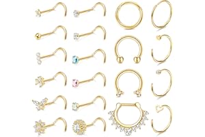 JeweBella 20 Pièces 20G Piercing Nez Anneau Stud Acier Chirurgical Hypoallergénique Piercing de Nez Anneaux CZ Piercing Nez Stud Petite Piercing Septum pour Femmes Hommes Argent/Or/Or Rose/Noir