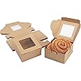 BELLE VOUS Brown Paper Kraft Single Bakery Pastry Boxes with Windows (50 Pack) - 10.16 x 10.16 x 5.7cm/ 4 x 4 x 2.24 inches -