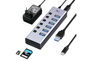 LIONWEI Hub USB 3.0, attivo con alimentatore di rete universale a 8 porte, USB 3.0, multiplo porta, in alluminio, per la ricarica e il trasferimento dei dati, lettore di schede SD/TF, HP, ecc
