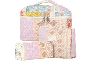 KOMABLEN 3pcs Reise Kosmetiktasche Set Damen, Baumwolle Kulturbeutel Set Damen Gesteppte Kulturtasche mit Blumenmuster, Make up Bag Aesthetic Schminktasche Cosmetic Bag für Kinder Damen