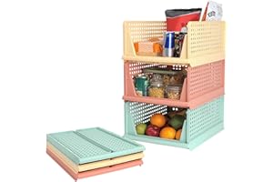 FNG8 Cajas de Almacenaje Plegables [Pack de 3] - Cestas de Plástico Apilables - Apertura Frontal Para Artículos de Aseo, Ropa de Cama, Condimentos, Juguetes - Cajas de Color Pastel Para Organizar