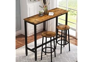 HOOSENG 3 Piece Bar Table Set, 120cm/47.2" Industrial Pub Height Table with 2 Bar Stools, Dining Room Table Set, Table and Classic Round Chairs Set, Ideal for Kitchen,Living Room, Rustic Brown