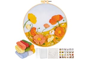 JSRQT Kit de Feutrage à l'Aiguille pour Débutant, Floral Laine Kit de Feutrée pour Adultes avec Feutrage Outil, Laine, Cerceau à Broder, Tissu Imprimé, DIY Décoration de la Maison