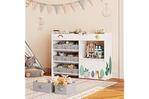 HOCSOK Étagère de Rangement pour Jouets Enfants, Meuble de Rangement Jouets avec 10 Boîtes, Coffre à Jouets avec roulettes, Chambre d’Enfant, Salle de Jeux, Garderie, École, Blanc, 109x30x80cm